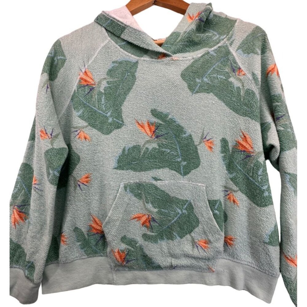 Hippie Laundry Women Hoodie Sz L Green Tropical Beachy Floral Aloha French Terry
